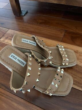 Steve Madden Tan Studded Double-Strap Slides